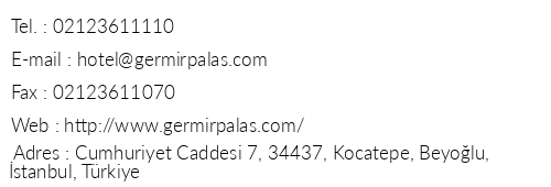 Germir Palas Hotel telefon numaralar, faks, e-mail, posta adresi ve iletiim bilgileri